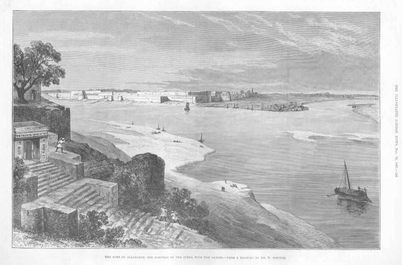 Engraving of the Allahabad fort seen across the river, 1887