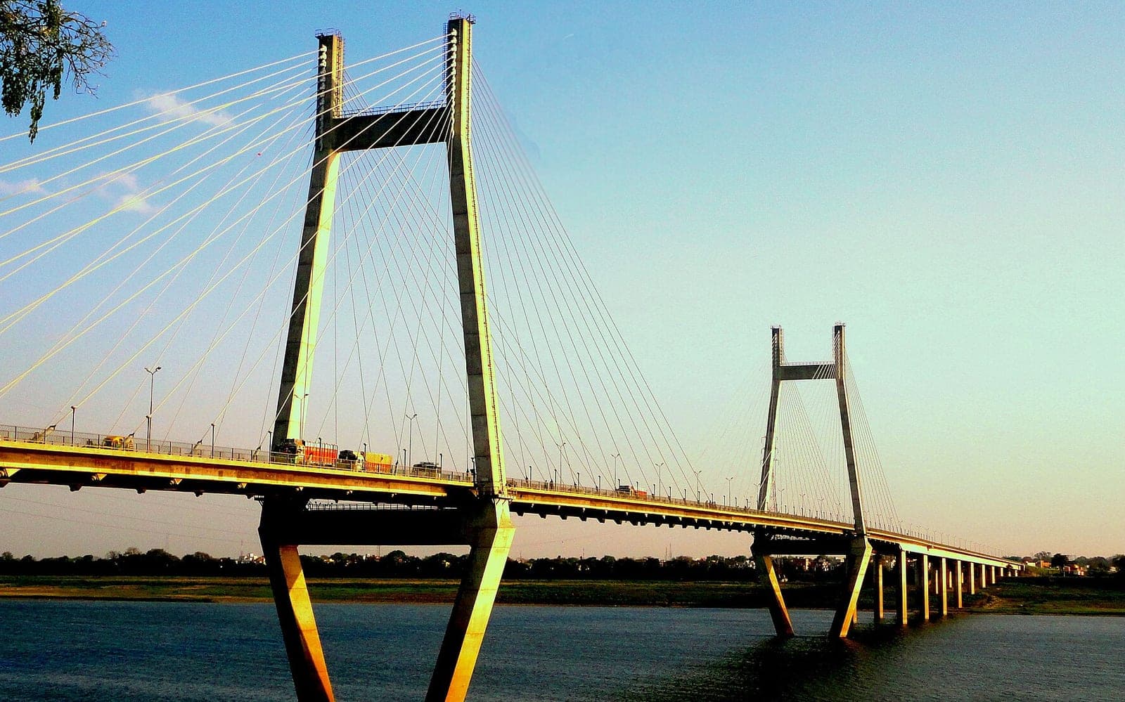 The cable-stayed New Yamuna Bridge at Naini at sunset
