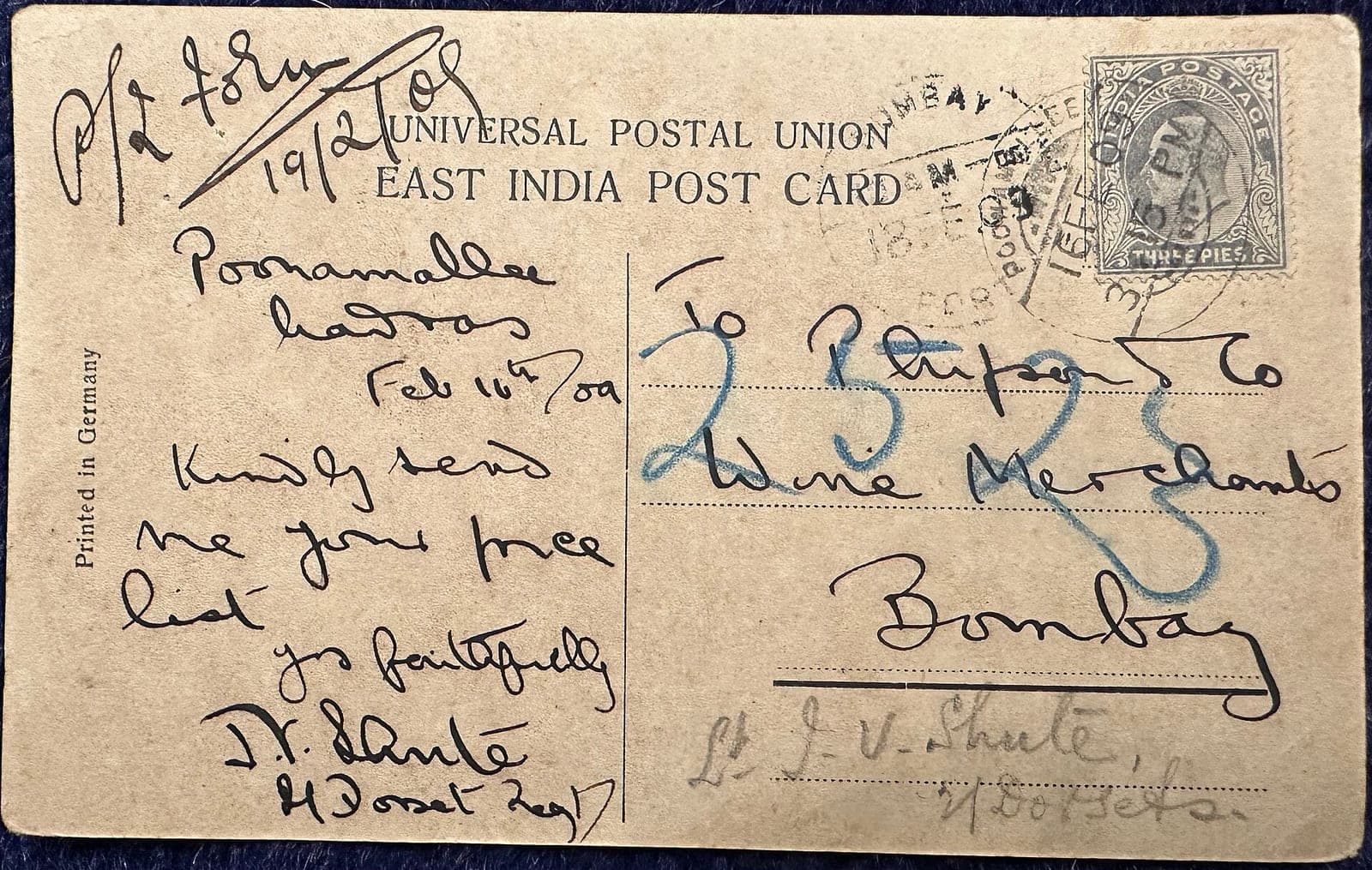 A handwritten East India post card from 1909