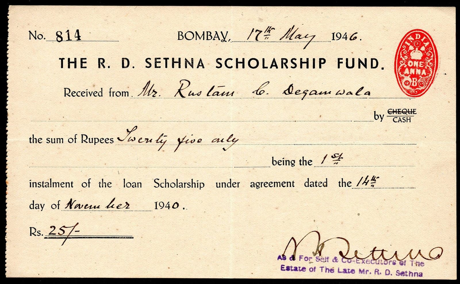 A receipt from Bombay, 1946, for twenty-five rupees, with an impressed duty stamp